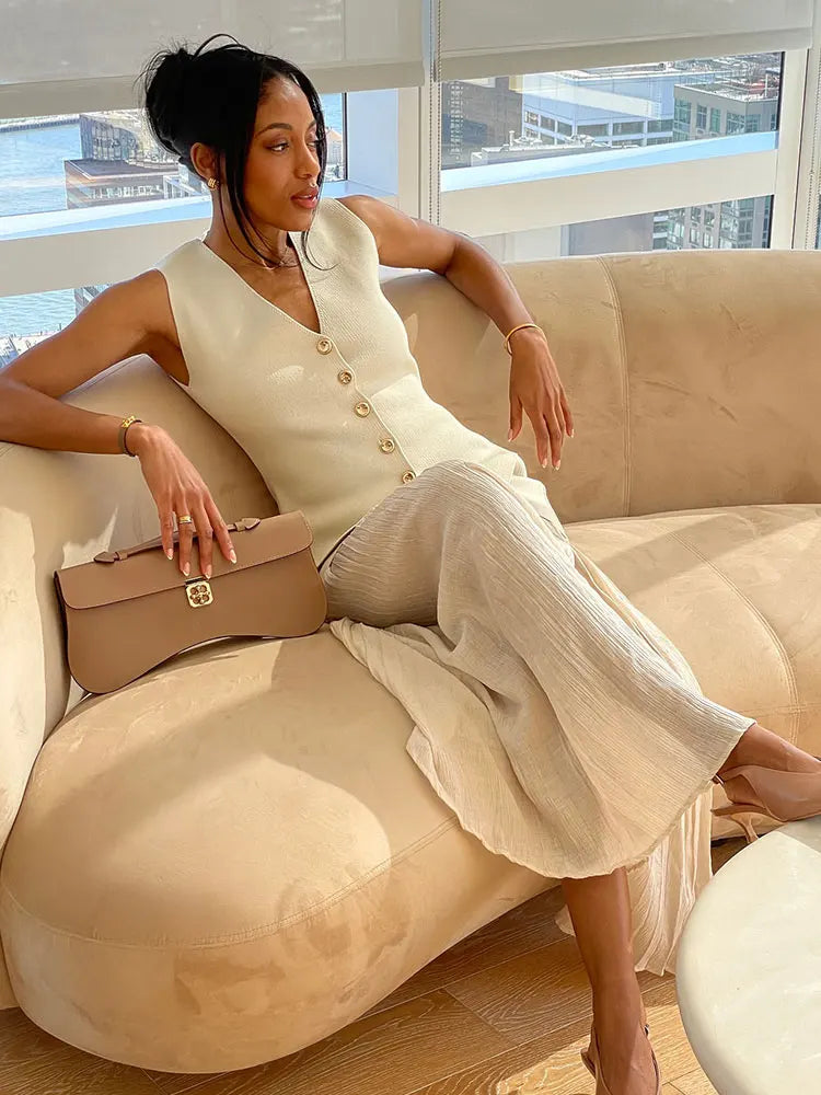 Sleeveless Button Front Vest & Pleated Maxi Skirt Co-Ord Set | Elegant Two Piece Outfit | Chic Casual Formal Matching Set