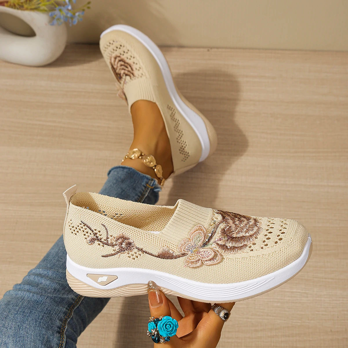 Floral orthopaedic Slip On Sneakers | Embroidered Mesh Walking Shoes | Lightweight Casual Platform Sneakers