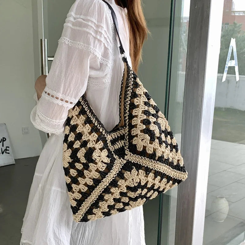 Crochet Hobo Shoulder Bag, Boho Woven Handbag with Geometric Pattern, Slouchy Casual Tote Purse for Beach, Travel & Everyday Use