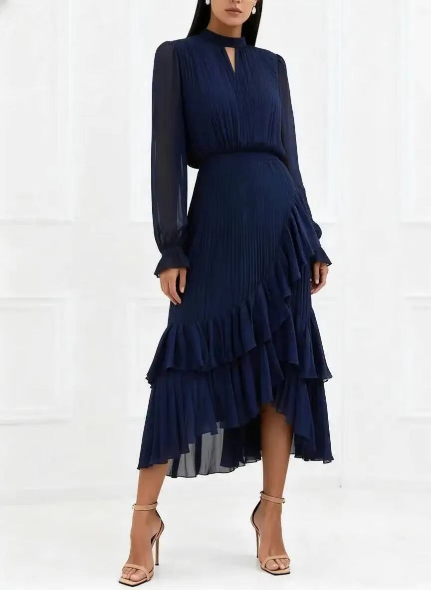 Pleated Ruffle Midi Dress – Long Sleeve Chiffon Dress with High Neckline, Keyhole Detail, Balloon Sleeves and Asymmetrical Tiered Hem