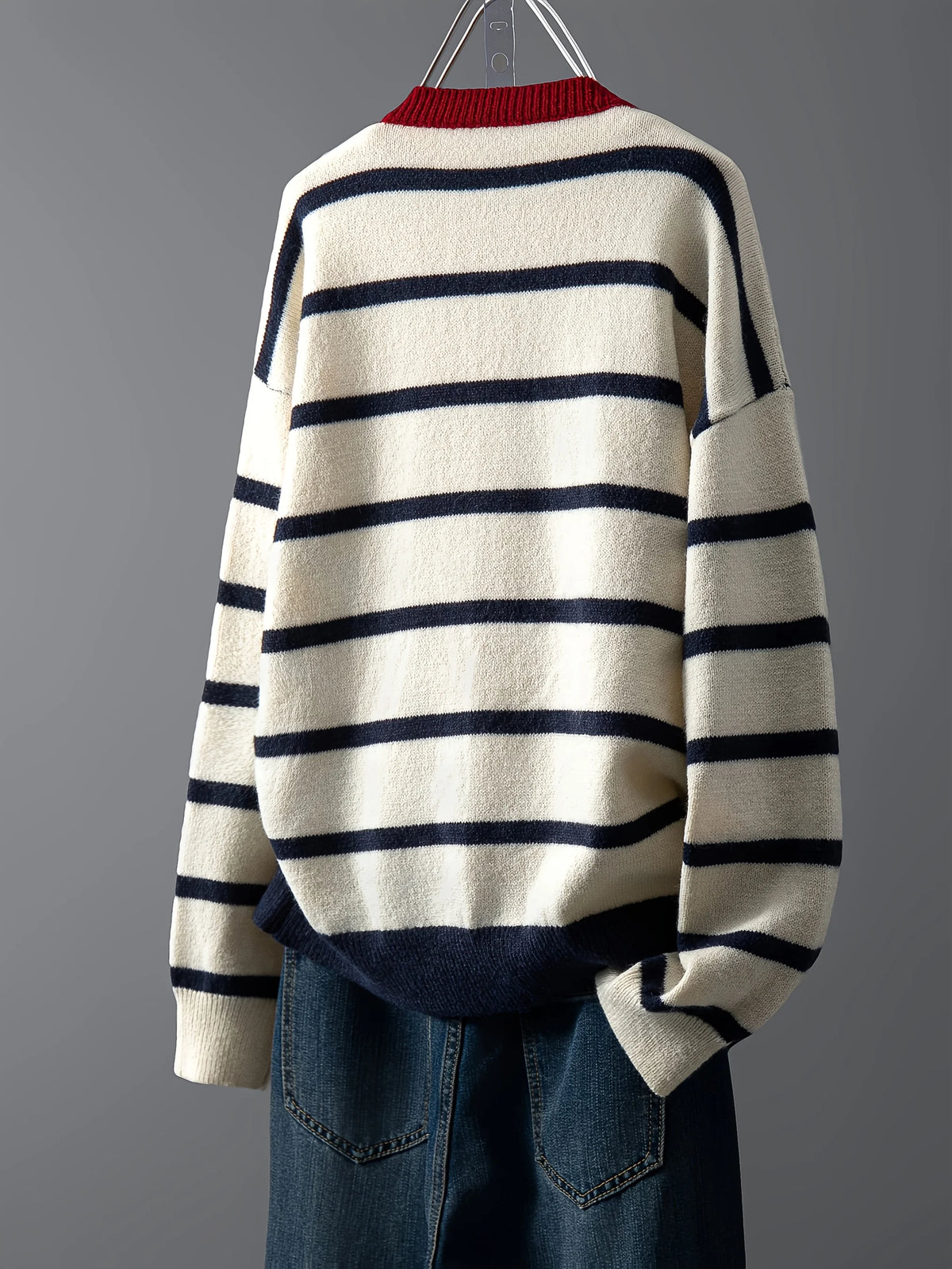 Striped Knit Cardigan, Button Front Sweater with Contrast Trim and Heart Detail, Preppy Casual Layering Top for Fall Winter