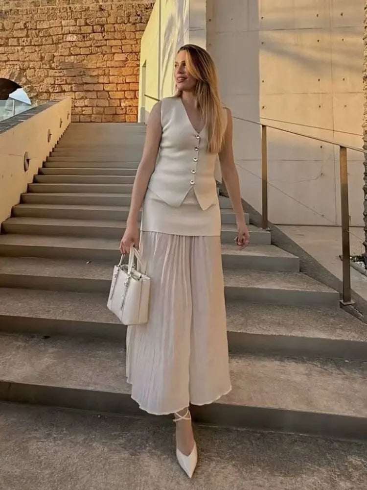 Sleeveless Button Front Vest & Pleated Maxi Skirt Co-Ord Set | Elegant Two Piece Outfit | Chic Casual Formal Matching Set