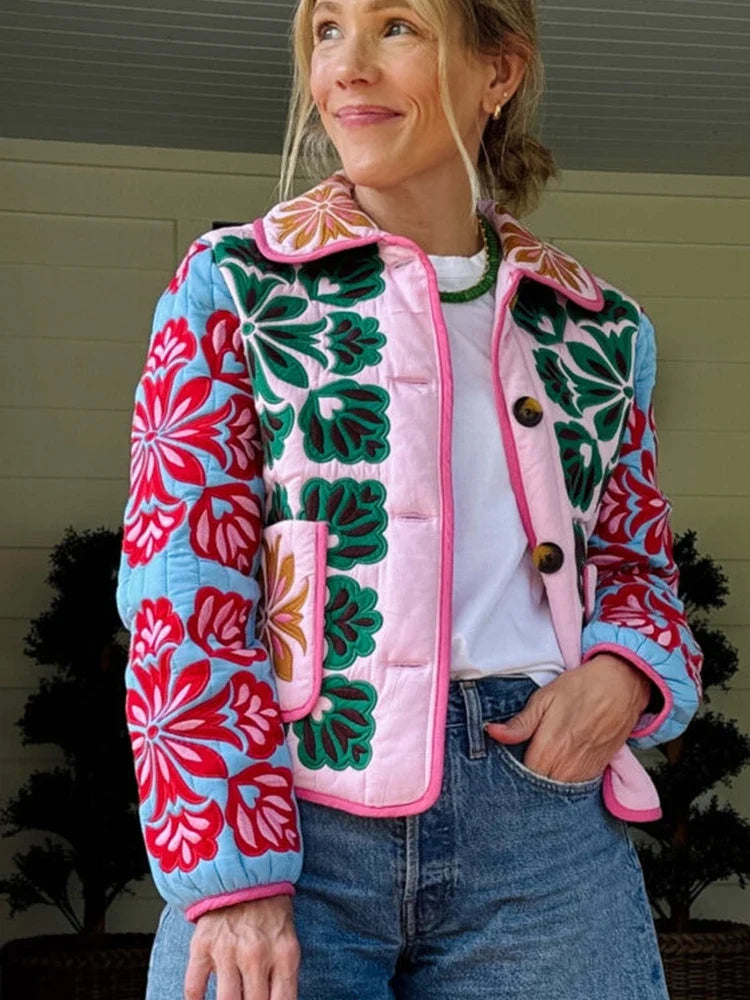 Embroidered Floral Quilted Jacket with Contrast Piping, Button-Up Cropped Jacket with Patch Pockets, Chic Casual Outerwear