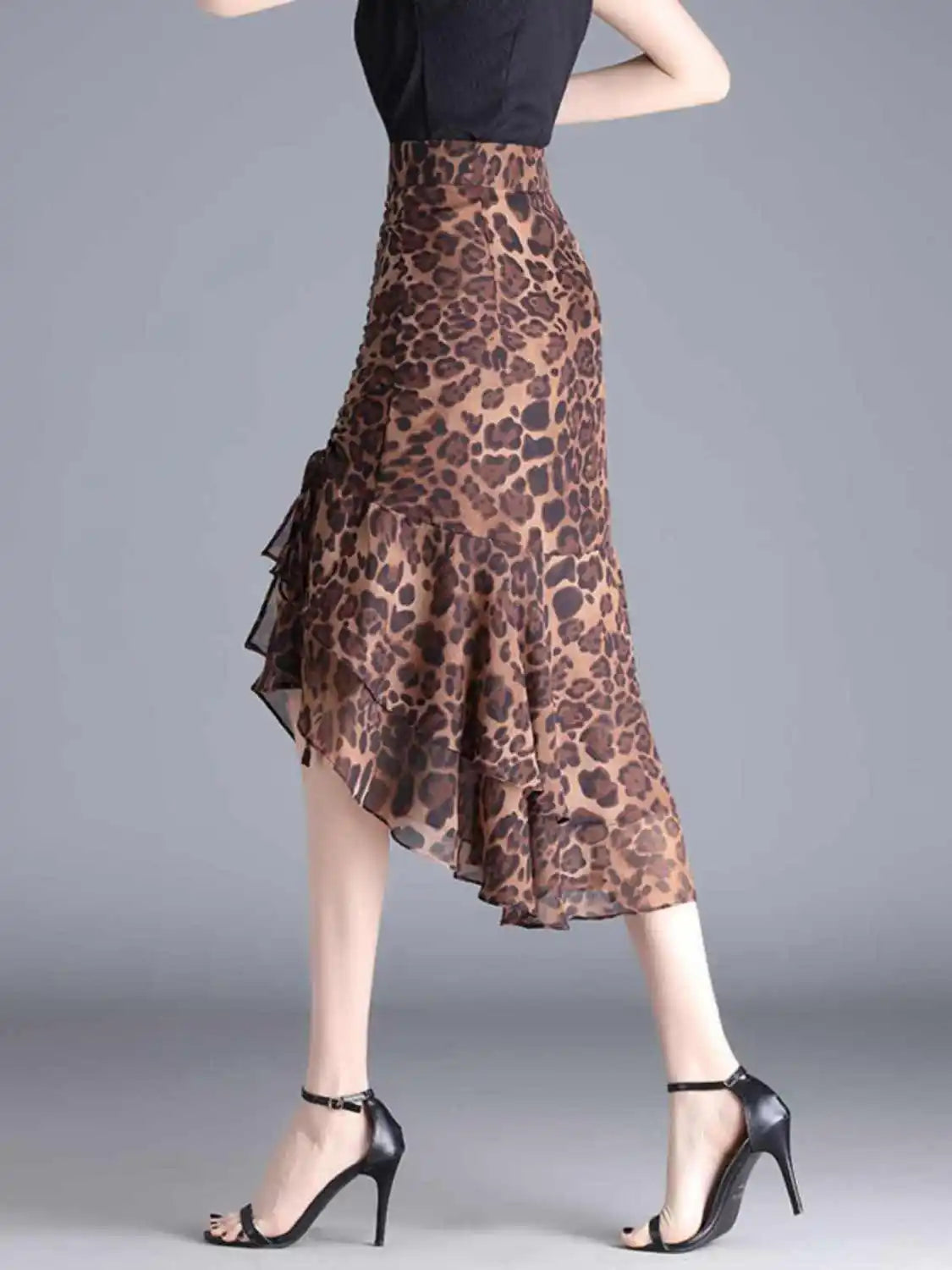 High Waisted Animal Print Midi Skirt Asymmetrical Ruffle Hem Flared Skirt Leopard Print Party Date Night Vacation Wear