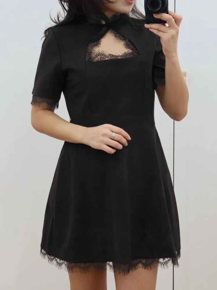 Lace Trim Mini Dress – Short Sleeve A-Line Dress with Round Neck, Fitted Waist, Lace Hem and Feminine Silhouette for Parties & Events