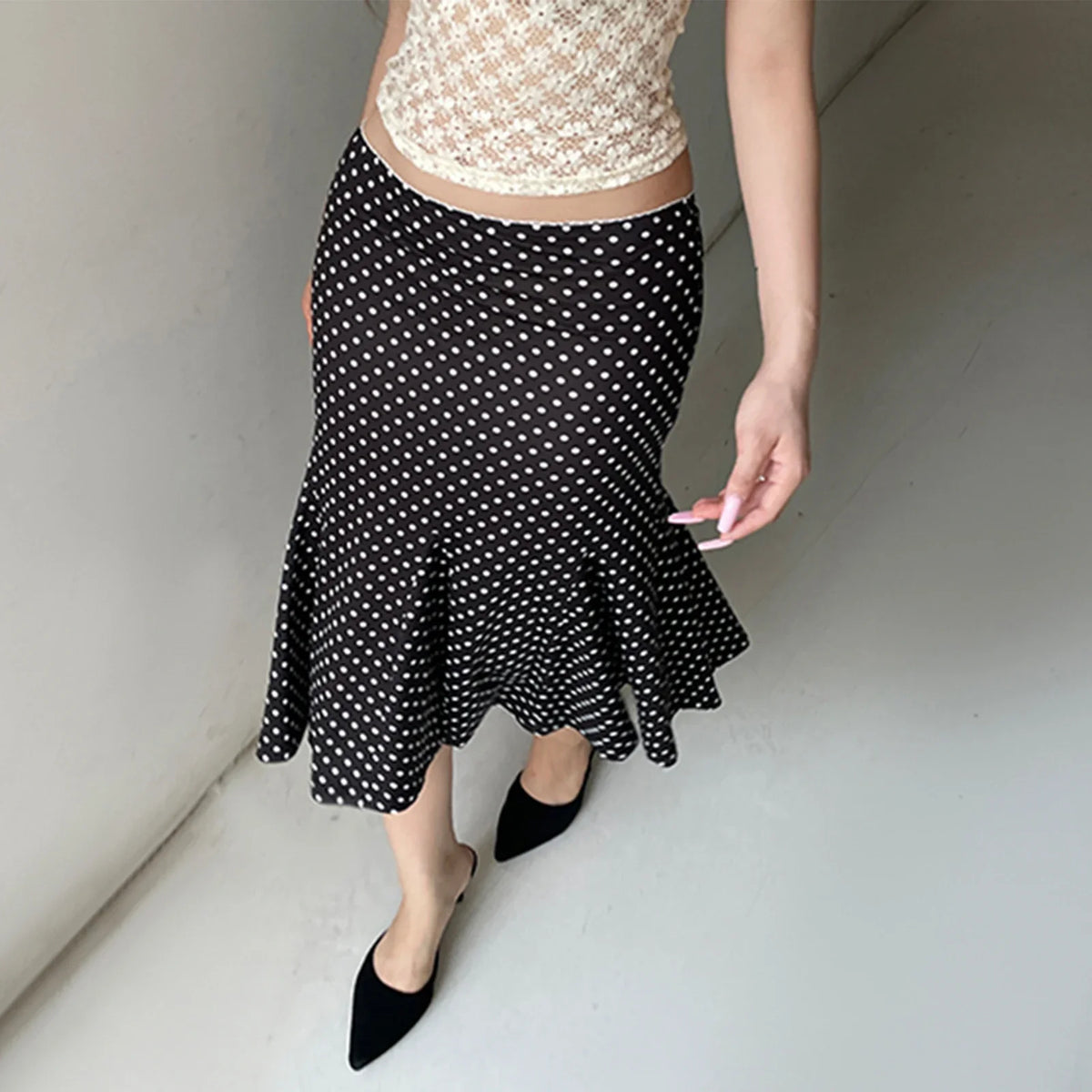 High Waisted Polka Dot Midi Skirt A Line Flared Skirt Pleated Style Knee Length Casual Vintage Inspired Feminine