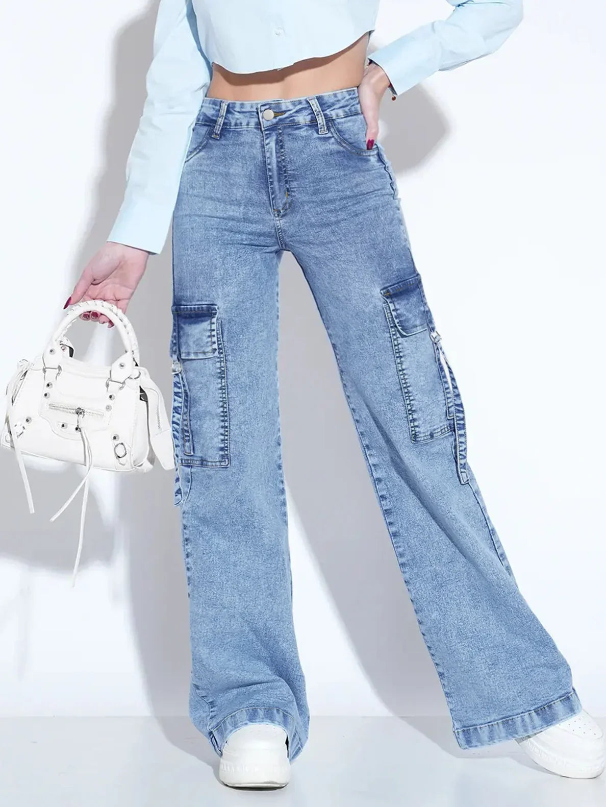 High Waisted Flare Jeans Cargo Wide Leg Denim Pants Bell Bottom Trousers Relaxed Fit Streetwear Casual Full Length