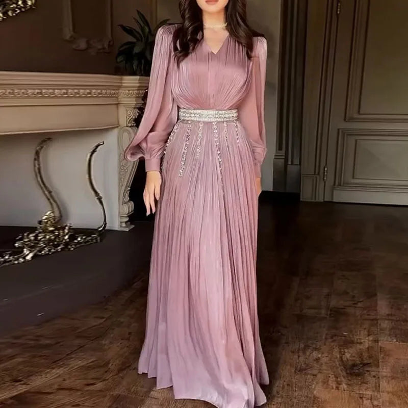 Elegant Maxi Dress – Off Shoulder Long Sleeve Gown with Ruched Bodice, Waist Belt and Flowing Floor-Length Skirt for Weddings & Events
