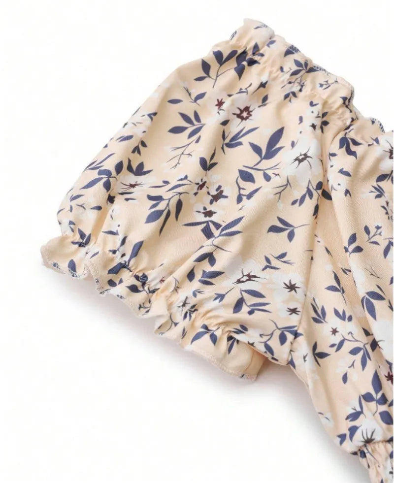 Floral Midi Dress – Puff Sleeve V-Neck Dress with Fitted Bodice, Defined Waist and Flared A-Line Skirt for Weddings & Summer Events