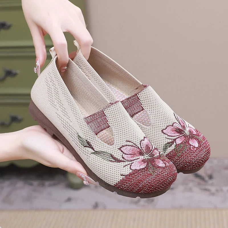 Floral Embroidered Slip-On Shoes | Lightweight Wedge Loafers | Breathable Casual Walking Shoes