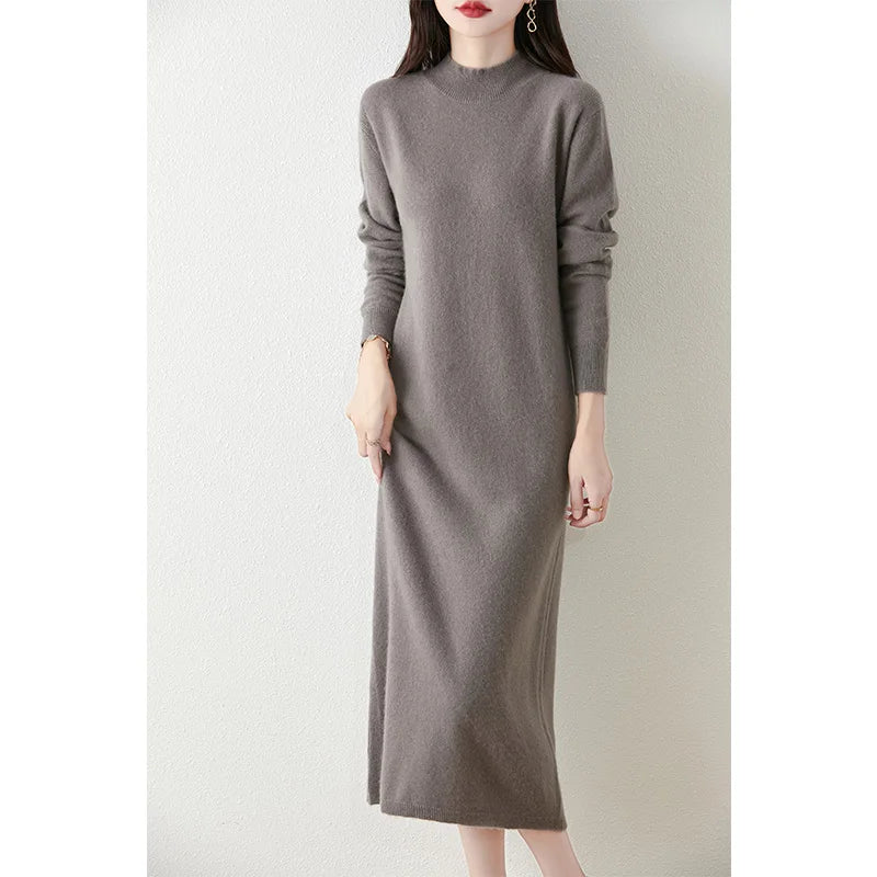 Long Sleeve Midi Dress – High Neck Ribbed Knit Dress with Slim Fit Silhouette, Stretch Fabric and Elegant Minimalist Design for Fall