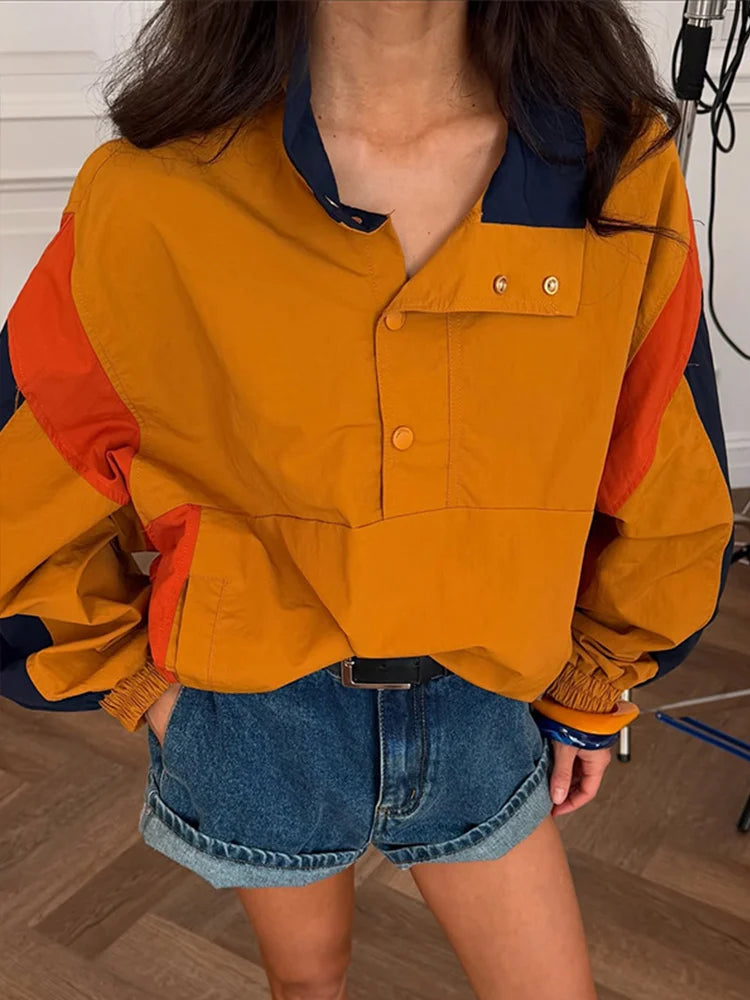 Contrast Jackets Women Lapel Long Sleeves Single Breasted Loose Coats