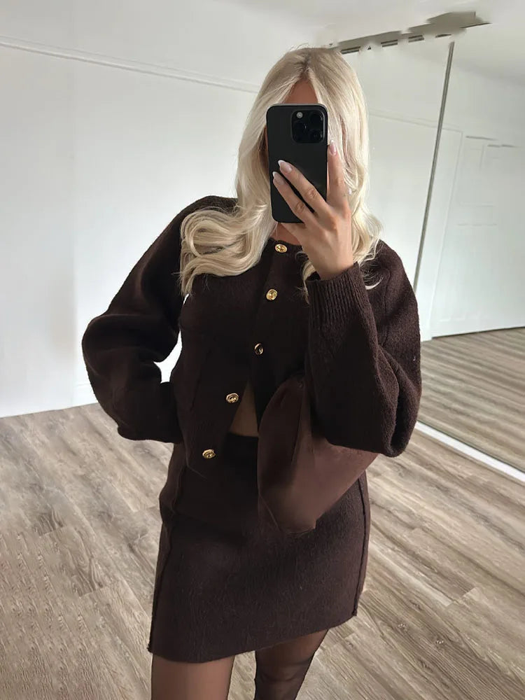 Button Front Knit Cardigan & Mini Skirt Co-Ord Set | Long Sleeve Two Piece Outfit with Pocket Detail | Chic Fall & Winter Matching Set