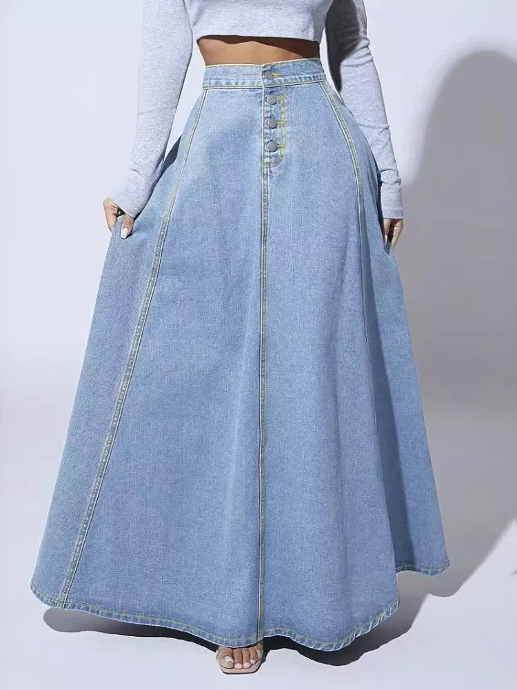 High Waisted Denim Maxi Skirt A Line Long Jean Skirt Flared Full Length Panelled Casual Streetwear Vintage Inspired