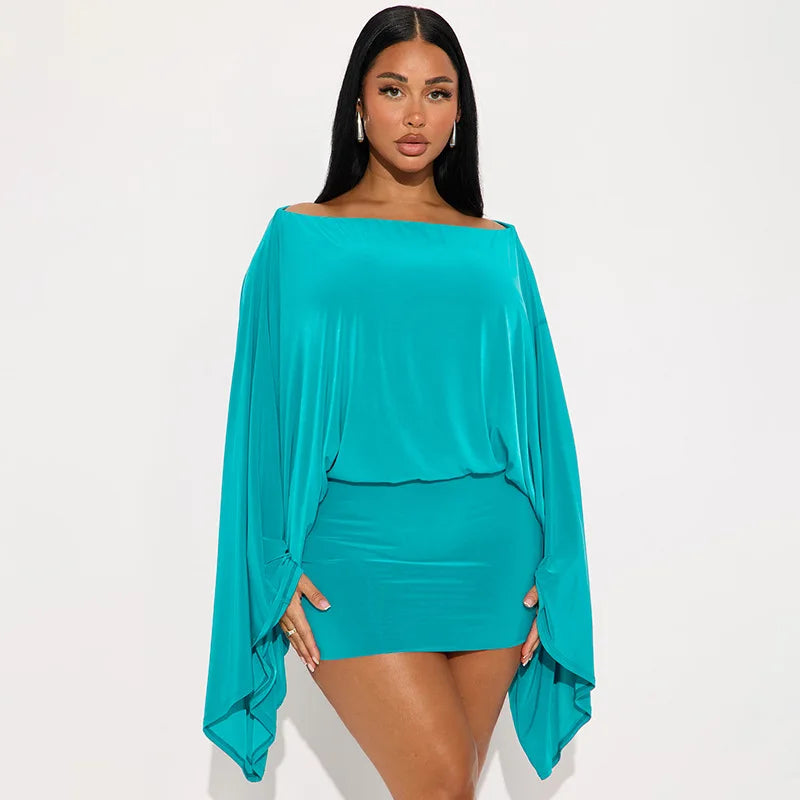 Draped Mini Dress – Off Shoulder Long Sleeve Dress with Batwing Sleeves, Relaxed Top, Fitted Skirt and Asymmetrical Drape for Parties