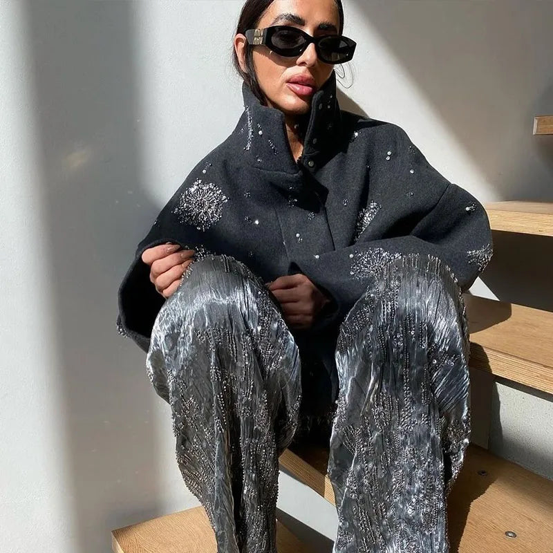 Embellished High Neck Jacket, Floral Pattern Knit Zip-Up Jacket, Oversized Cozy Winter Outerwear