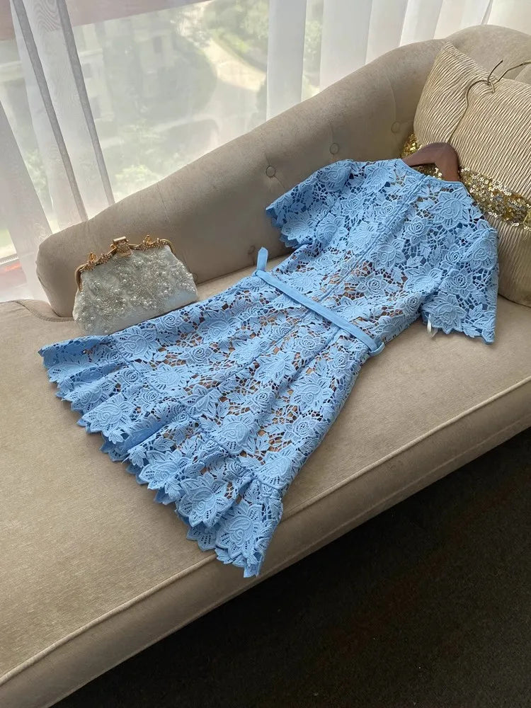 Embroidered Mini Dress – Short Sleeve Fitted Dress with Floral Lace Detailing and Scalloped Hem for Brunch, Parties & Special Occasions
