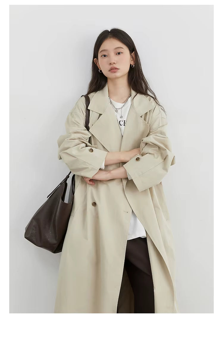 Classic Double-Breasted Trench Coat, Longline Coat with Wide Lapels and Adjustable Cuffs, Elegant Minimalist Transitional Outerwear