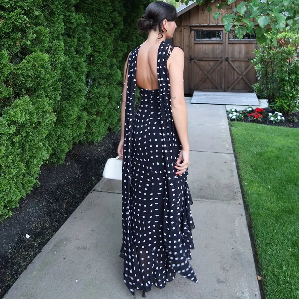 Polka Dot Maxi Dress – Spaghetti Strap Dress with Fitted Bodice, Ruched Waist and Flared Mermaid Skirt for Vacations & Summer Events