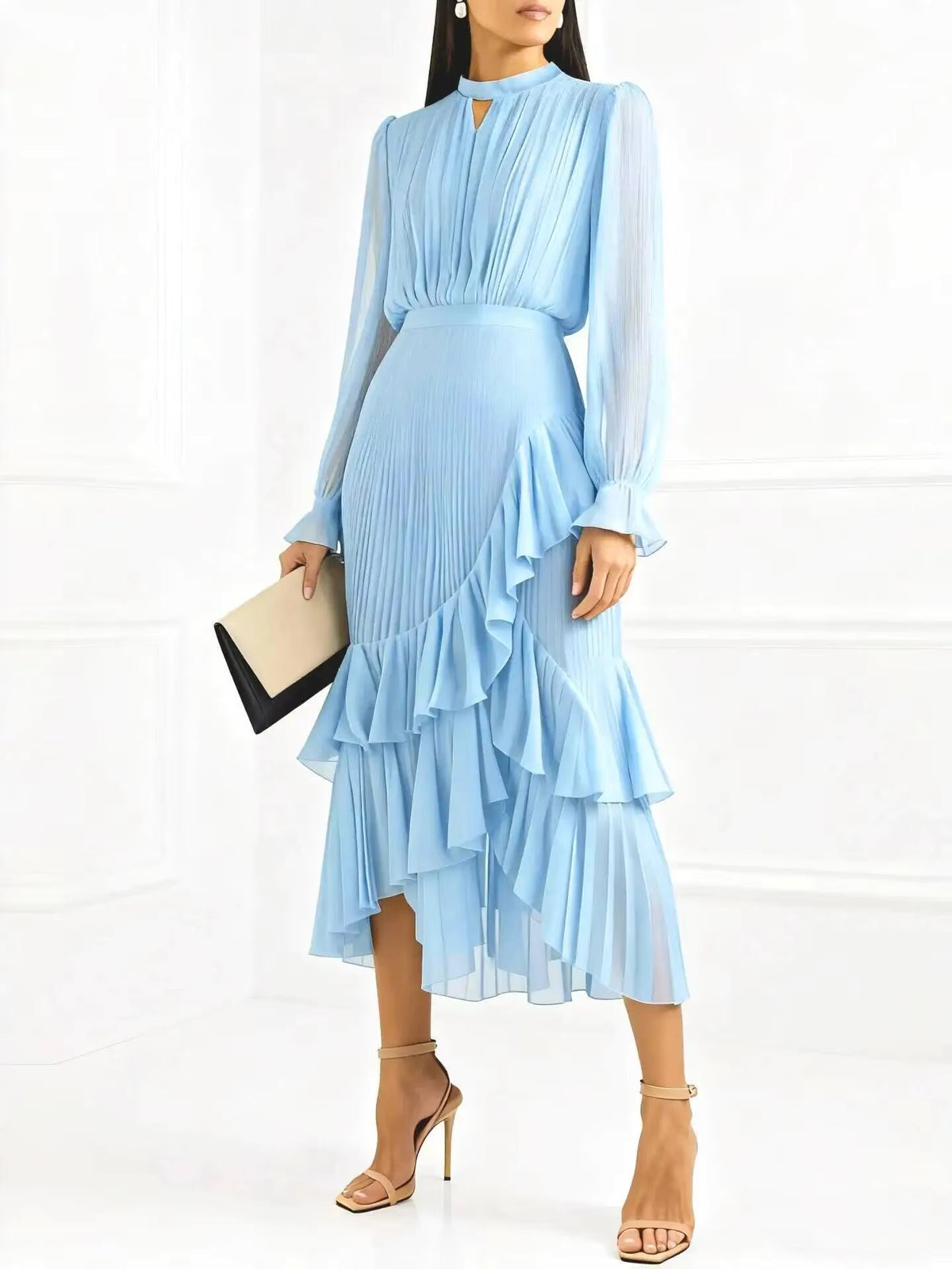 Pleated Ruffle Midi Dress – Long Sleeve Chiffon Dress with High Neckline, Keyhole Detail, Balloon Sleeves and Asymmetrical Tiered Hem