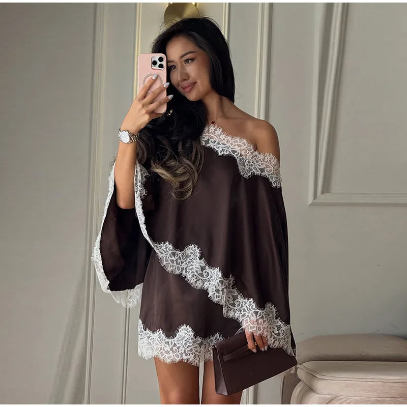 Lace Trim Satin Mini Dress – Off Shoulder Batwing Sleeve Dress with Floral Lace Detail, Relaxed Silhouette and Elegant Party Style
