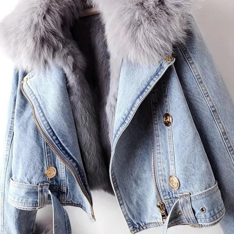 Faux Fur Trim Denim Jacket, Cropped Hooded Jacket with Plush Collar and Cuffs, Casual Winter Outerwear