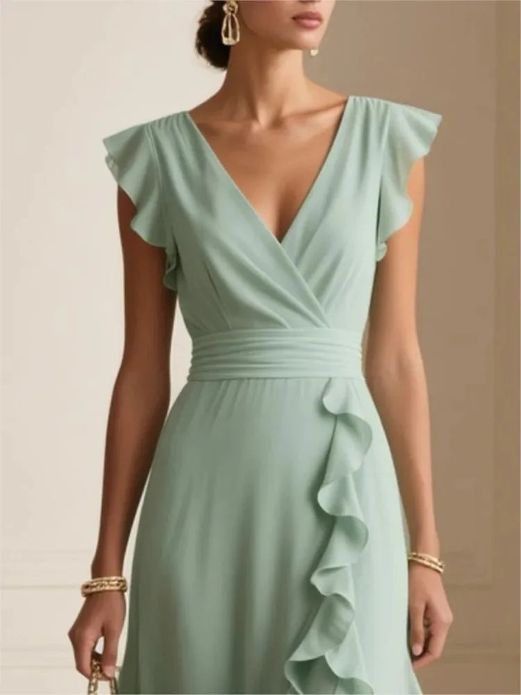Ruffle Maxi Dress – V-Neck Ruched Waist Gown with Cascading Side Ruffles and Flowy Floor-Length Silhouette for Weddings & Events