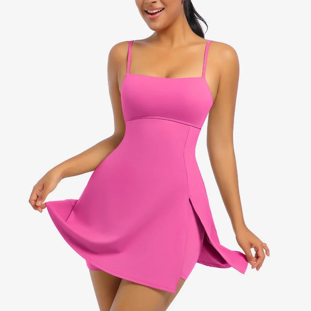 A-Line Mini Dress – Spaghetti Strap Square Neck Dress with Flared Skirt, Fitted Bodice and Side Slit for Vacations & Summer Outings