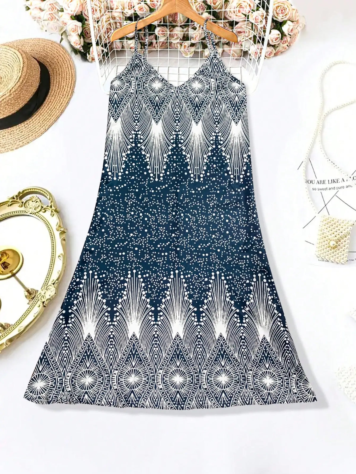 Boho Print Mini Dress – Spaghetti Strap V-Neck Dress with Flared A-Line Skirt and Geometric Pattern for Beach Vacations & Summer Outings