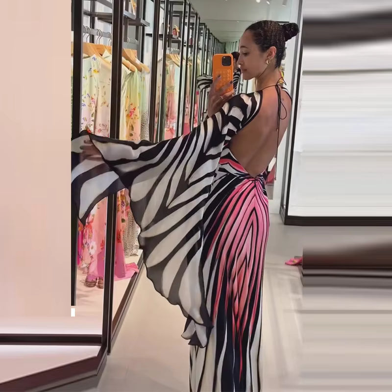 Printed Maxi Dress with Cape – Halter Neck Bodycon Gown with Abstract Stripes, Plunging Neckline and Flowing Shawl Overlay