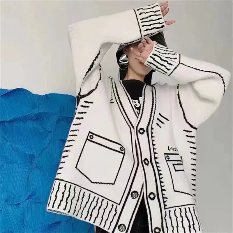 Graphic Knit Cardigan Jacket, Oversized Button-Up Sweater with Contrast Pattern and Patch Pockets, Cozy Casual Outerwear