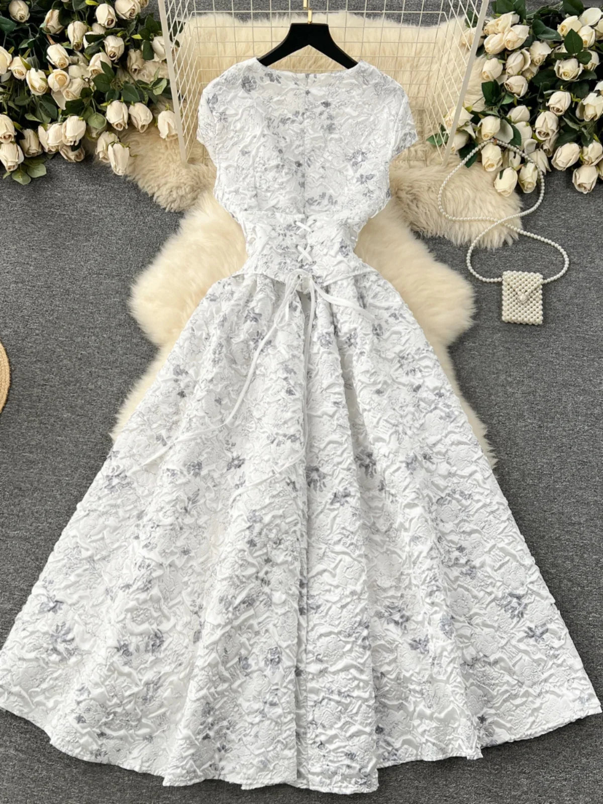 Floral Midi Dress – Short Sleeve Fit and Flare Dress with Round Neck, Defined Waist, Button Front and Full Flared Skirt for Weddings & Events