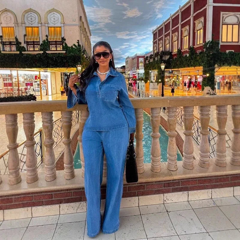 Denim Shirt & Wide Leg Pants Co-Ord Set | Long Sleeve Button Front Two Piece Outfit | Chic Casual Travel & Everyday Matching Set
