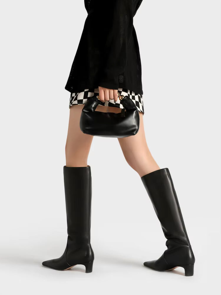 Knee High Pointed Toe Boots | Elegant Kitten Heel Tall Boots | Sleek Pull-On Fashion Boots