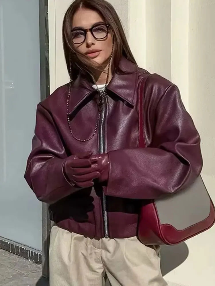 Faux Leather Bomber Jacket, Oversized Zip-Up Jacket with Stand Collar and Relaxed Fit, Chic Casual Transitional Outerwear