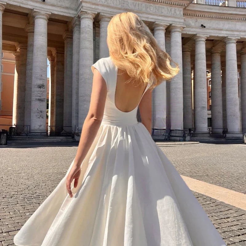 Elegant Midi Dress – Short Sleeve V-Neck Dress with Fitted Bodice, Defined Waist and Flowing A-Line Skirt for Weddings & Special Events