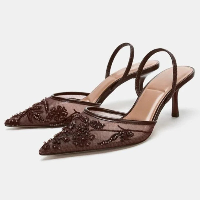 Embroidered Slingback Heels | Pointed Toe Mesh Pumps | Elegant Lace Detail Dress Shoes