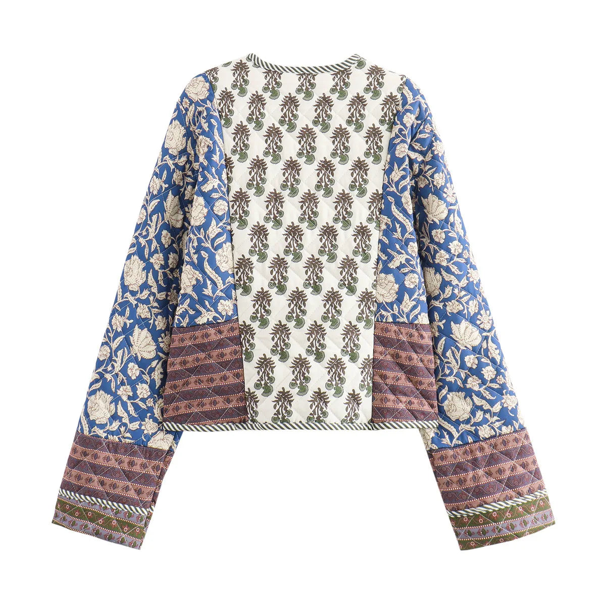 Embroidered Patchwork Jacket, Open Front Floral Printed Cropped Jacket with Contrast Cuffs, Boho Chic Statement Outerwear
