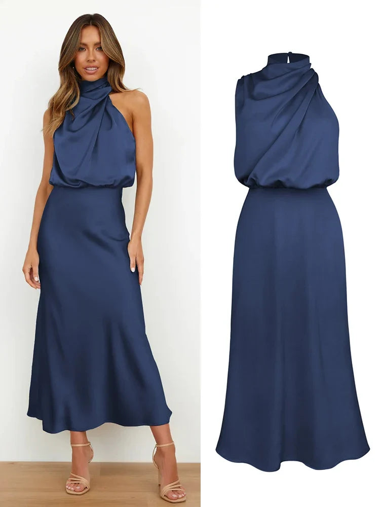 Cowl Neck Maxi Dress – Draped Halter Evening Gown with Open Back and Flowing Floor-Length Silhouette for Weddings & Formal Events