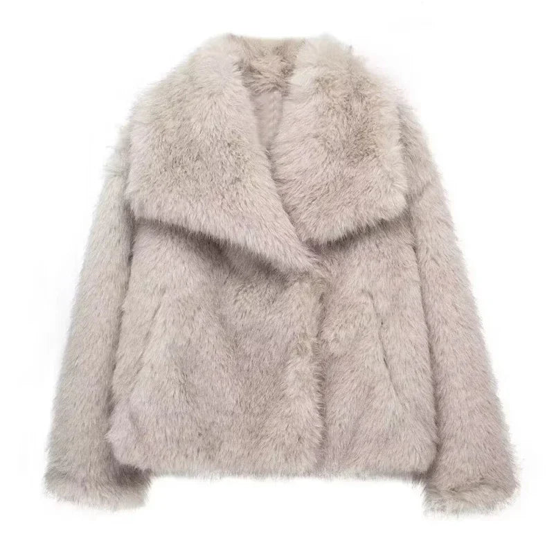 Women's Faux Fur Jacket, Oversized Plush Fur Coat with Wide Collar, Long Sleeve Winter Outerwear
