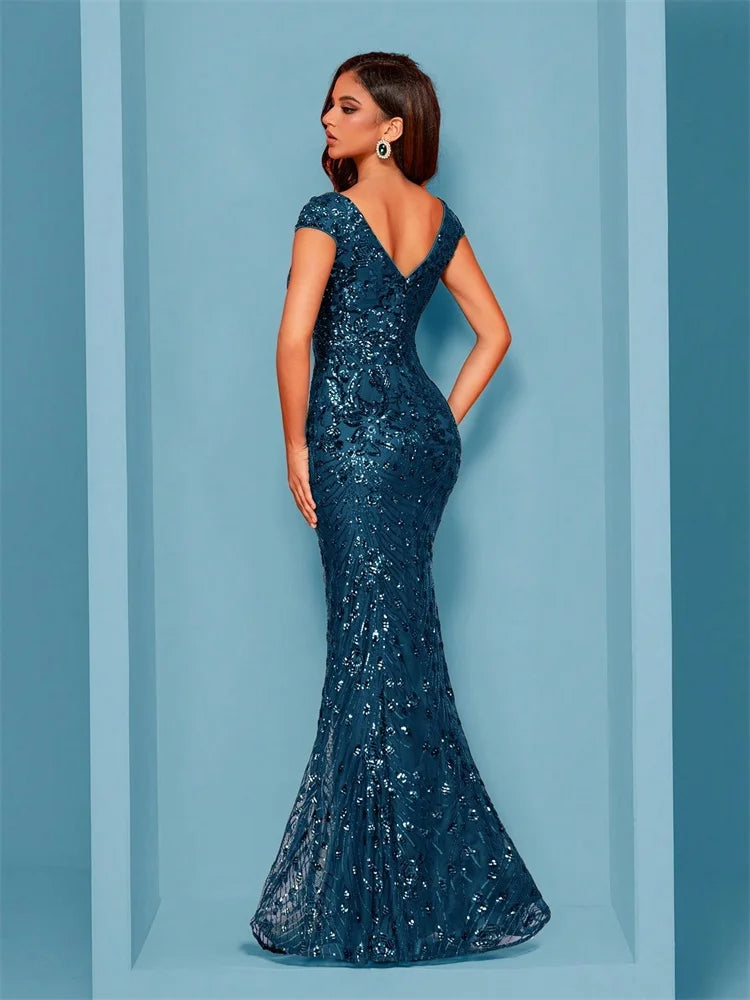 Sequin Mermaid Gown – V-Neck Short Sleeve Maxi Dress with Embellished Bodice, Figure-Hugging Fit and Flared Floor-Length Hem