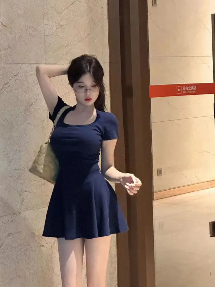 Fit and Flare Mini Dress – Short Sleeve Round Neck Dress with Fitted Bodice and Flared Skirt for Brunch, Casual Outings & Date Nights