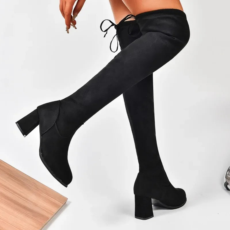 Over The Knee Boots | Chunky Block Heel Tall Boots | Lace-Up Back Thigh High Fashion Boots