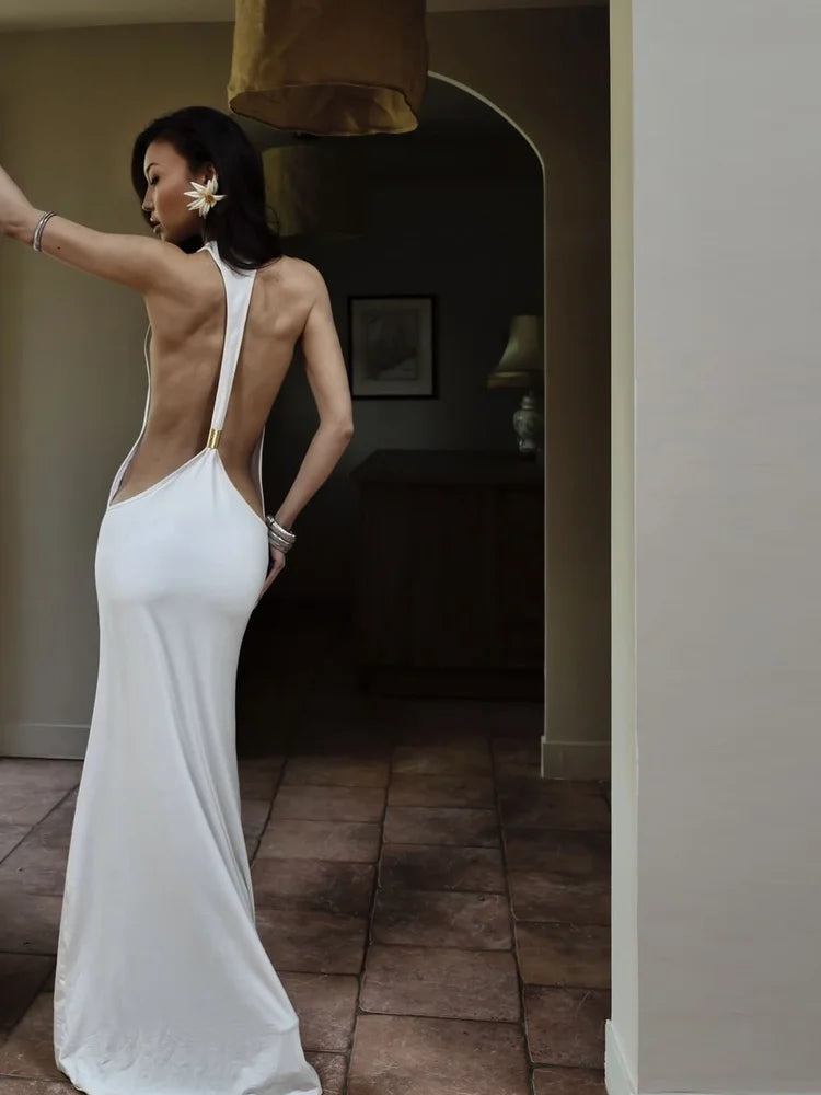 Backless Maxi Dress – Halter Neck Open Back Dress with Draped Silhouette, Low Back Design and Elegant Floor-Length Style