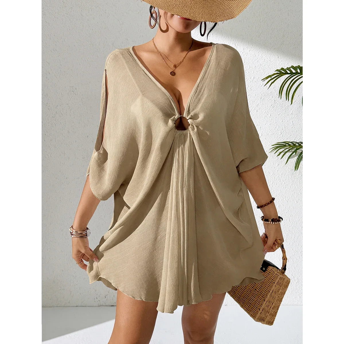 Boho Mini Dress – V-Neck Tunic Dress with 3/4 Bell Sleeves, Front Ring Detail, Relaxed Fit and Flared Hem for Beach Vacations & Resort Wear