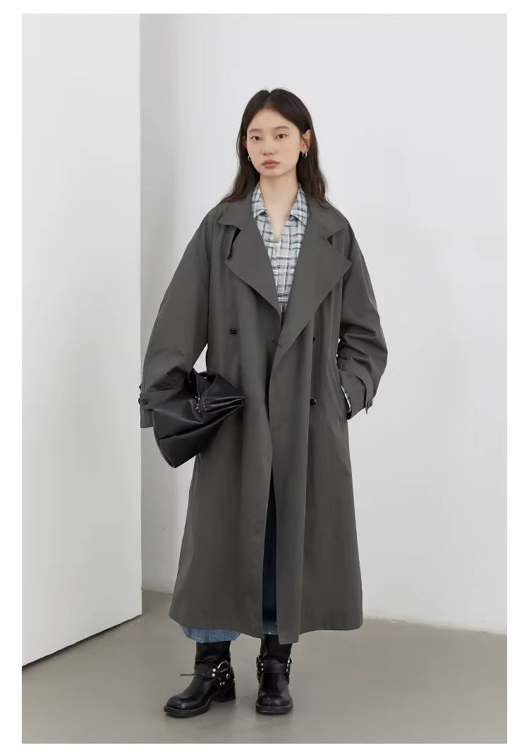 Classic Double-Breasted Trench Coat, Longline Coat with Wide Lapels and Adjustable Cuffs, Elegant Minimalist Transitional Outerwear