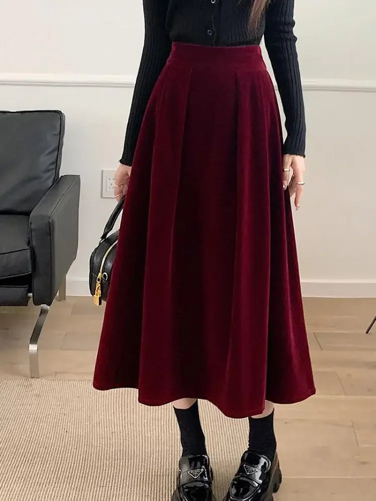 High Waisted A Line Midi Skirt Flared Pleated Long Skirt Elastic Waist Elegant Casual Office Party Winter Bottomwear