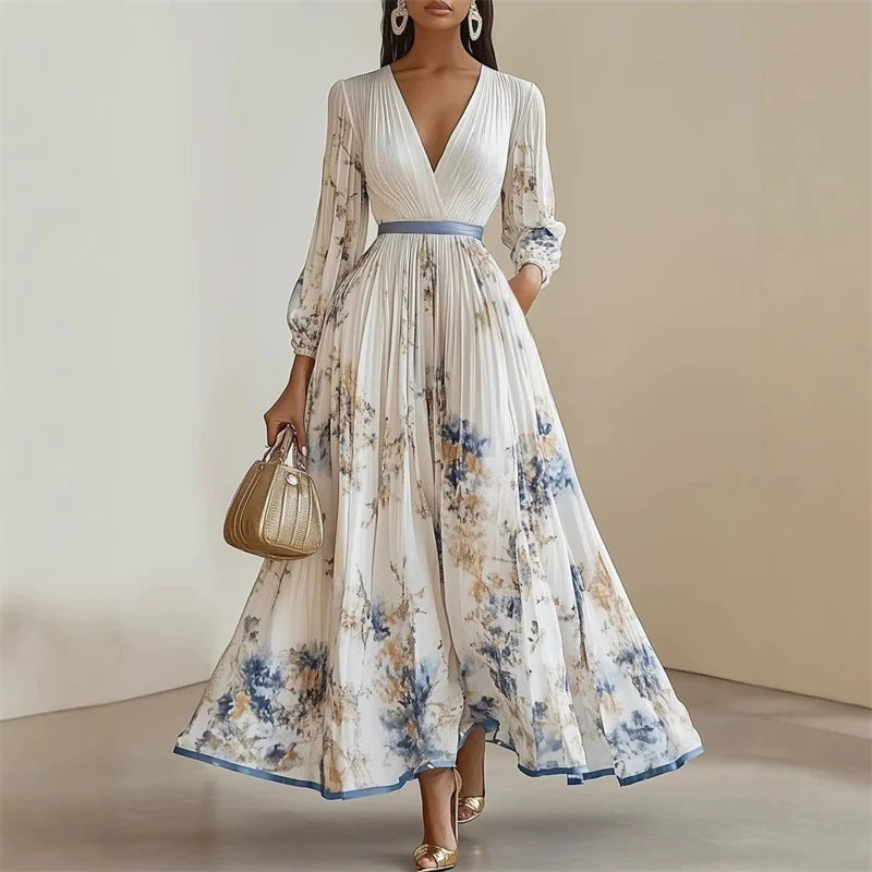 Floral Maxi Dress – Long Sleeve V-Neck A-Line Dress with Tie Waist and Flowing Skirt for Weddings, Brunches & Special Occasions