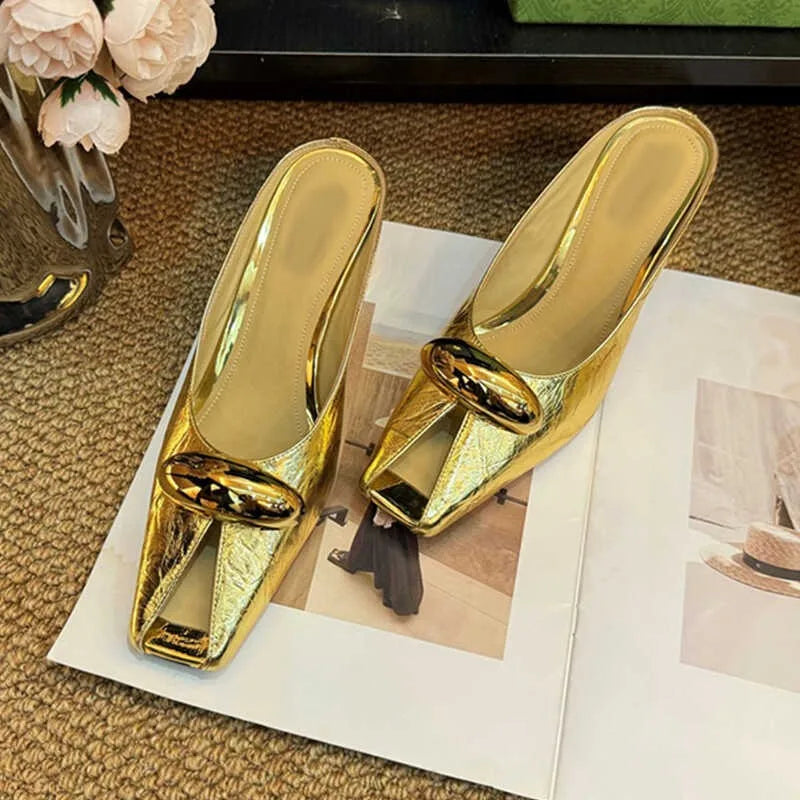 Metallic Mule Flats | Pointed Toe Slip-On Shoes | Buckle Embellished Dress Mules