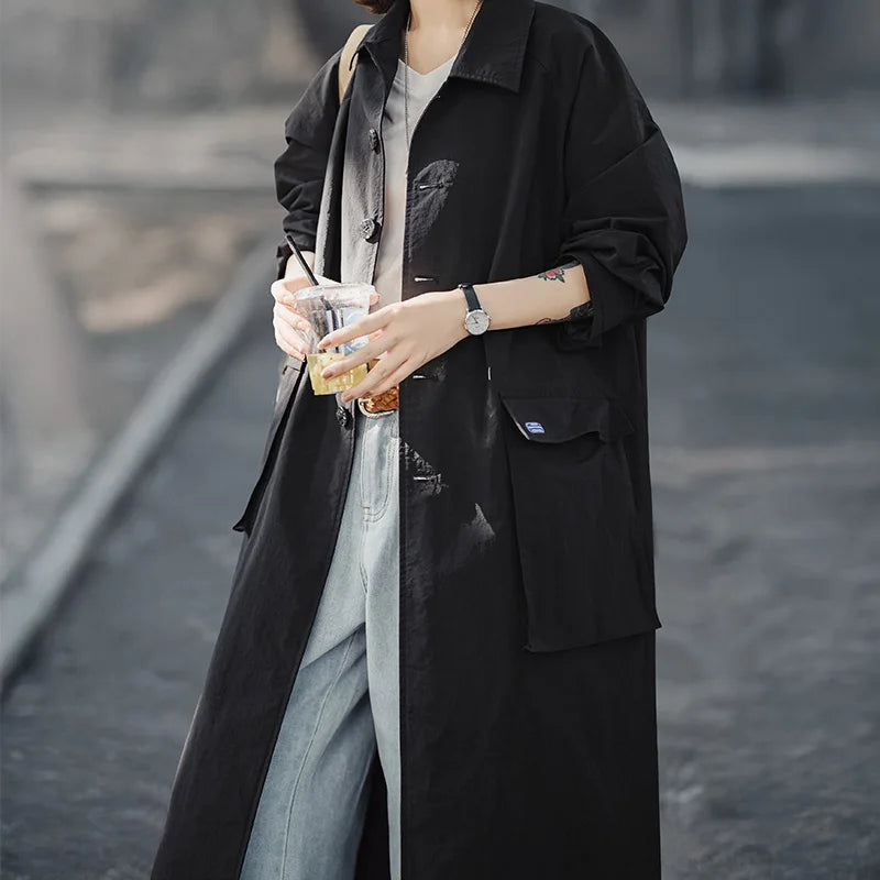 Oversized Longline Shirt Coat, Button Front Utility Jacket with Wide Collar and Large Patch Pockets, Minimalist Casual Outerwear
